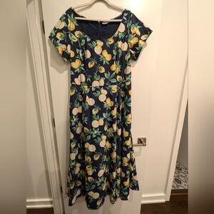 Eshakti A-line Maxi Dress in Navy Lemon Pattern